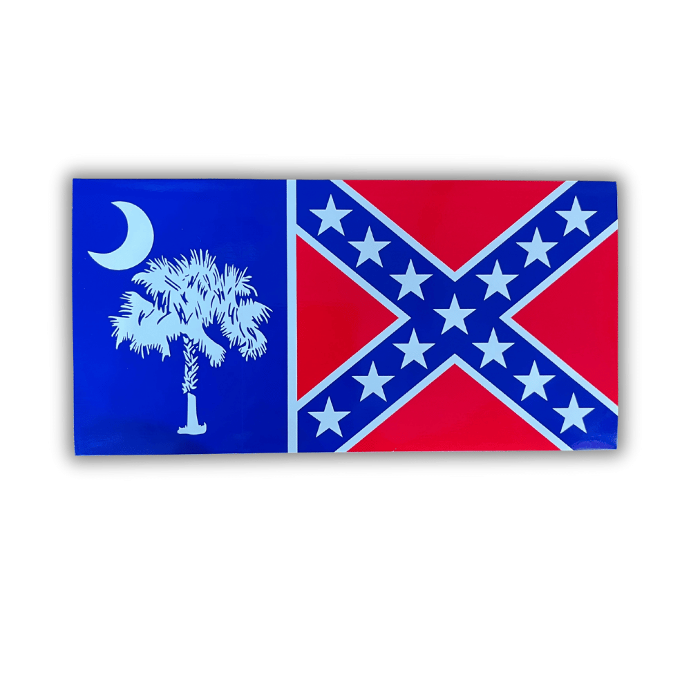 SC Palm Rebel Flag bumper sticker featuring a vibrant design displayed on a vehicle's bumper, ideal for showcasing American pride.