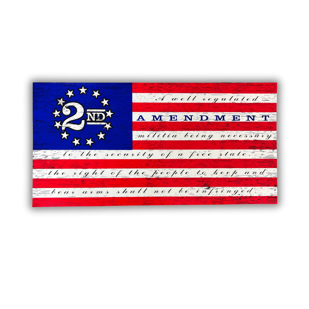 Second Amendment Flag Bumper Sticker on a vehicle, showcasing bold patriotic design against the background of a sunny day, ideal for outdoor use.