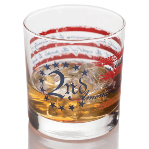Second Amendment Patriotic Flag Whiskey Glass featuring red and blue design with '2nd Amendment' and stars etched, depicting American freedom.