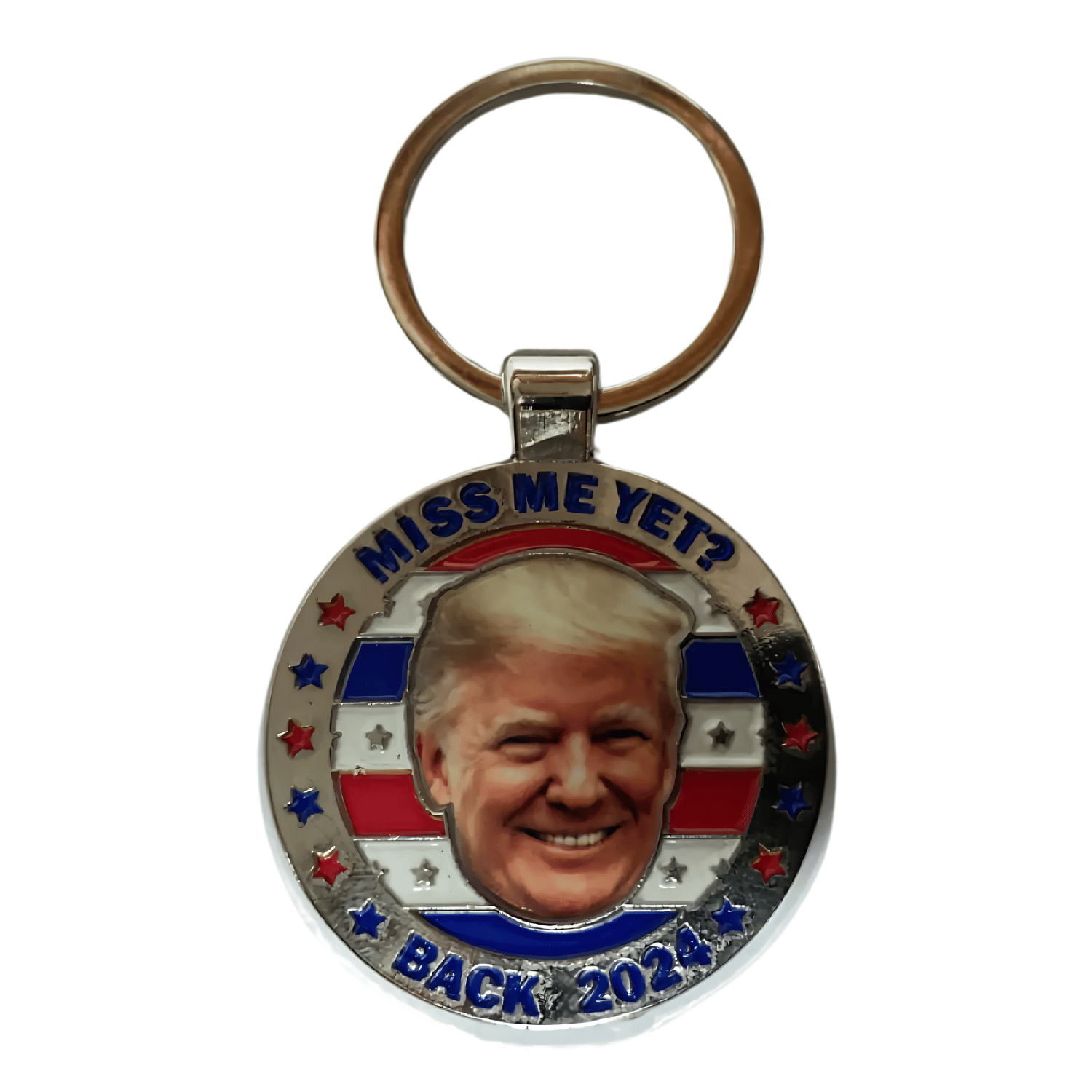 Silver Miss Me Yet Donald Trump Back 2024 Keychain featuring a smiling Trump image with patriotic red, white, and blue design, measuring about 2 inches.