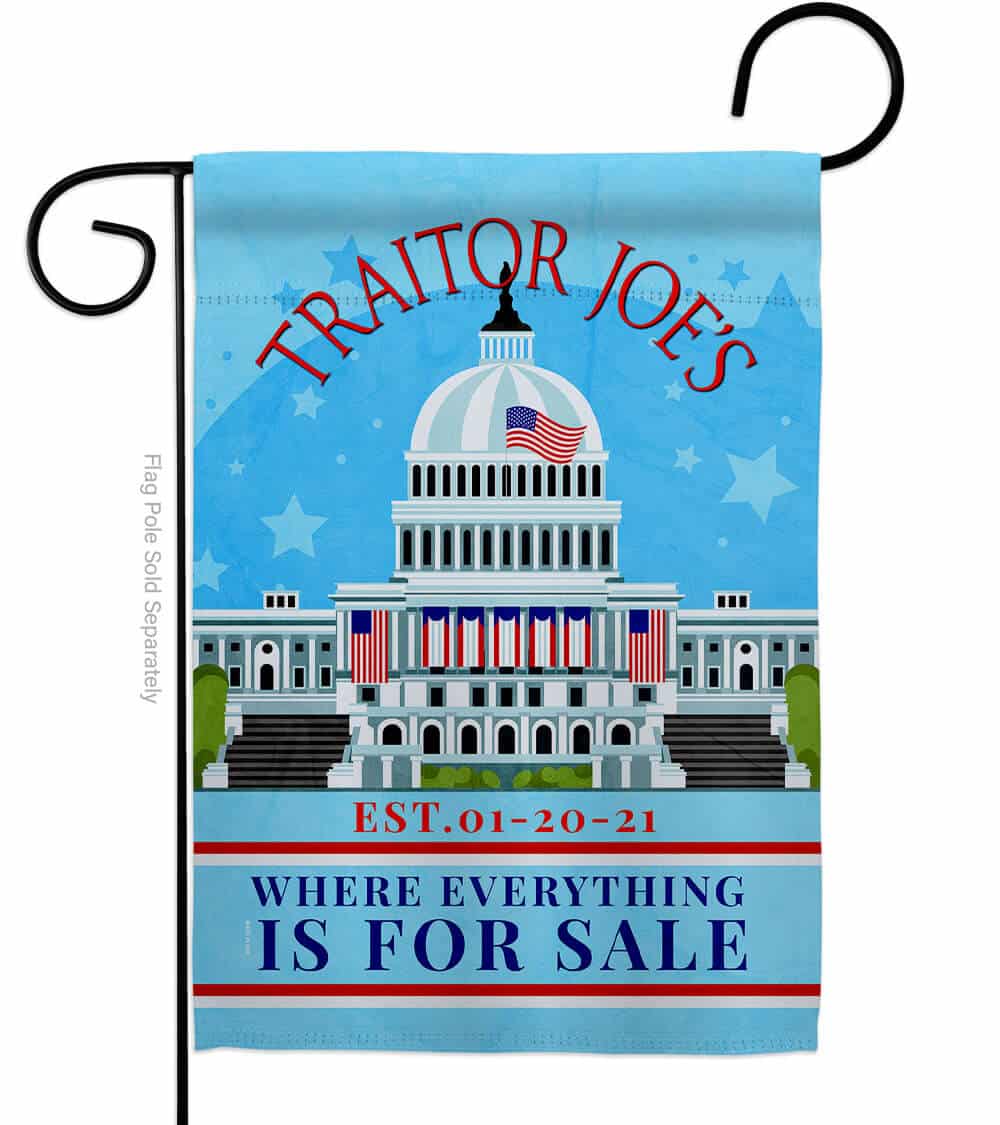 Sky Blue Traitor Joe's double-sided garden flag featuring humorous anti-Biden design, displayed outdoors on a flag stand in a garden setting.