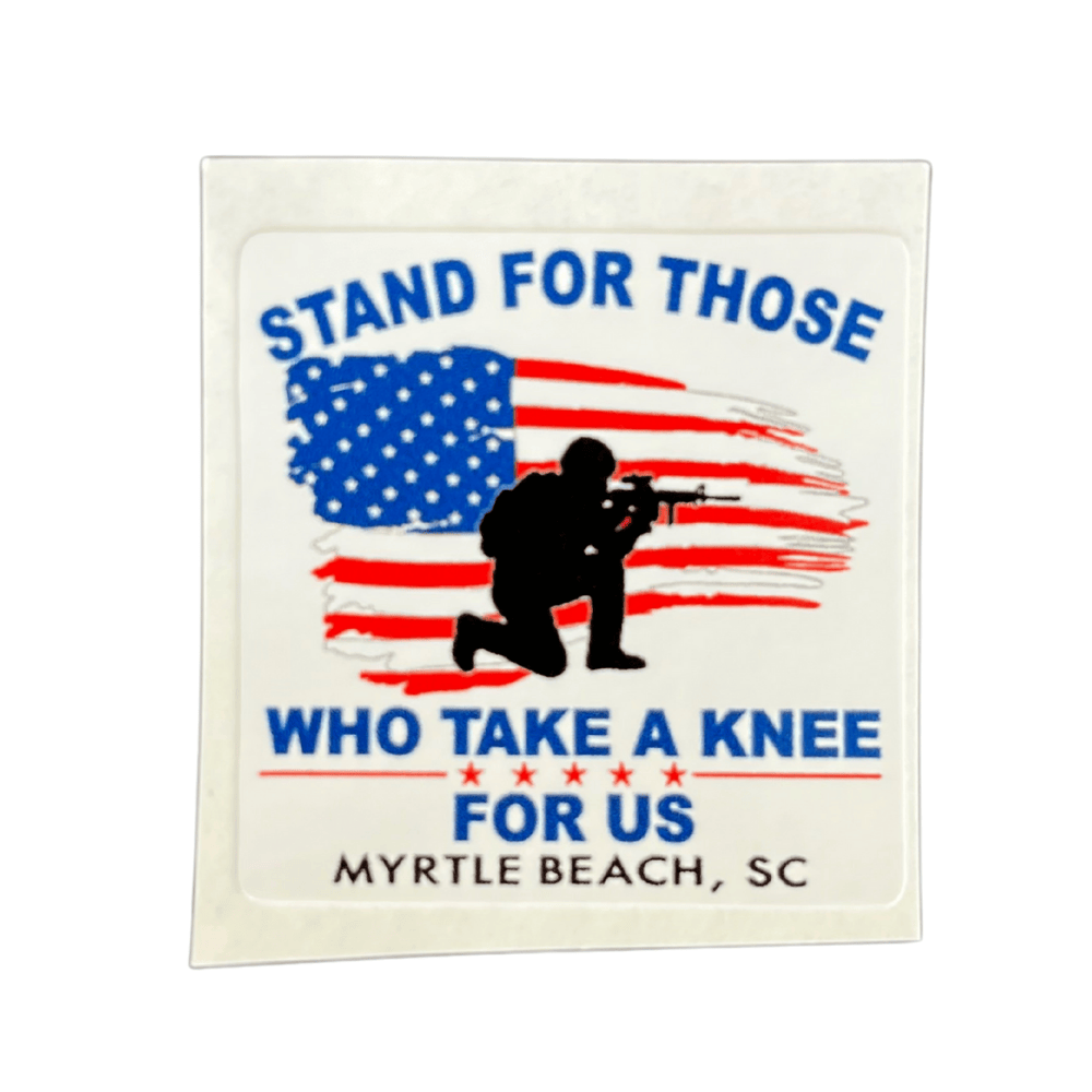 Stand For Those Sticker featuring bold American-themed artwork displayed on a laptop, showcasing patriotic pride and durability.