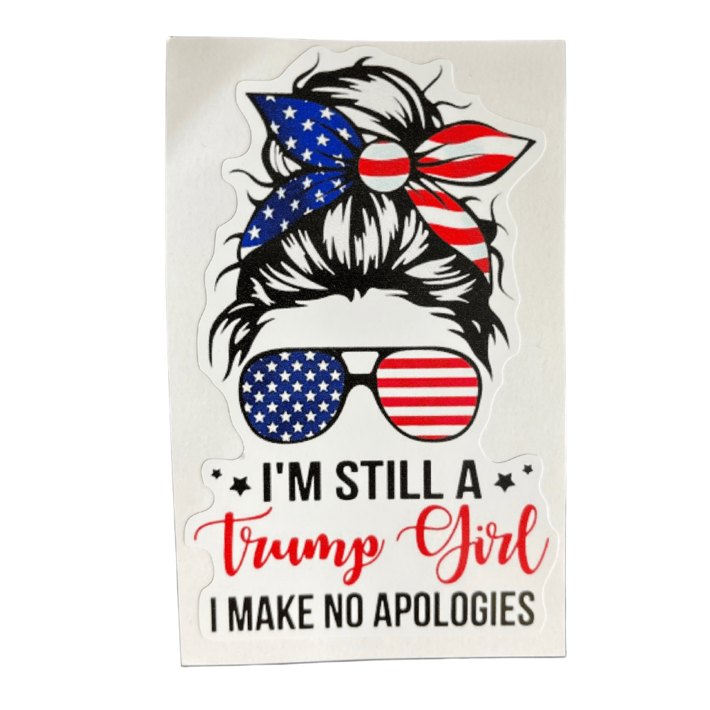 Still A Trump Girl Bowtie Sticker displayed on a laptop, showcasing vibrant colors and patriotic design against a textured surface.