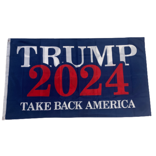 Take Back America Trump 2024 3x5 flag in vibrant blue background with white text, flying proudly outdoors on a flagpole.