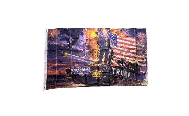 Tank Commander Trump 3x5 flag featuring President Trump standing on a tank with festive fireworks in the background, symbolizing strength and leadership.