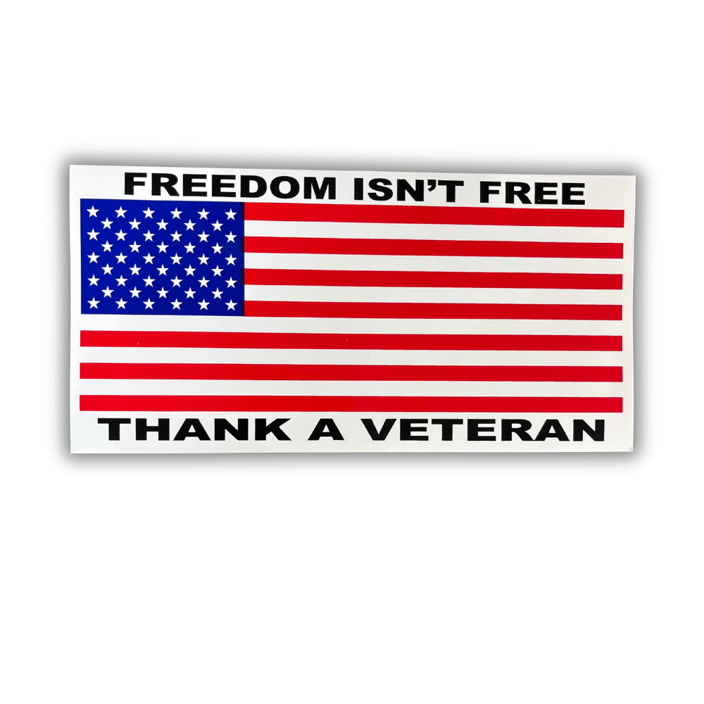 Thank A Veteran bumper sticker made from premium outdoor-grade vinyl in a bold design displayed on a car rear bumper.