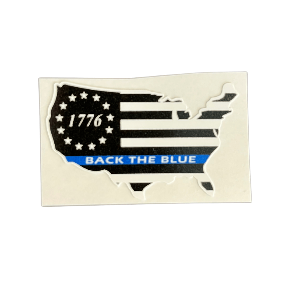 Thin Blue Line 1776 sticker made of weather-resistant adhesive vinyl, featuring a striking design with bold colors, perfect for outdoor use.