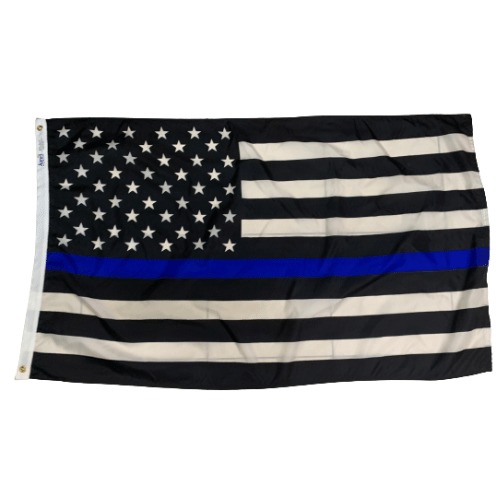 Thin Blue Line 3x5 Flag featuring a blue line on black and white fabric, displayed on a flagpole against a clear sky backdrop.