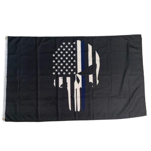 Thin Blue Line Punisher 3x5 Flag featuring a skull design and blue line, proudly displayed on an outdoor flagpole.