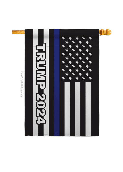 Thin Blue Line Trump 2024 house flag displaying the thin blue line and Trump logo, showcased outdoors on a flag pole in a residential setting.
