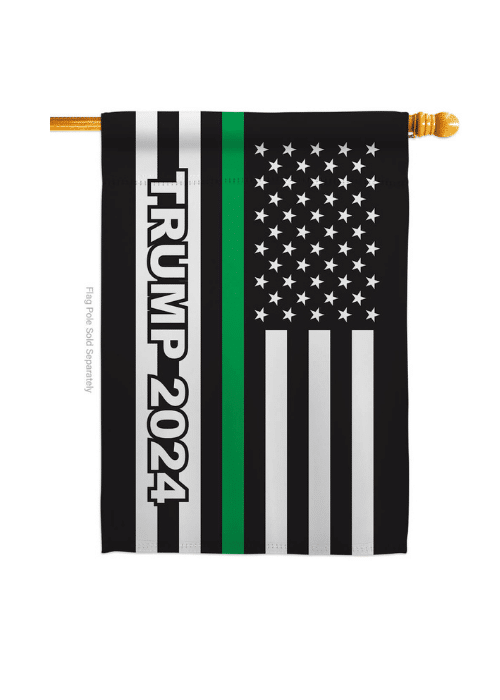 Thin Green Line Trump 2024 double-sided house flag with vibrant colors displayed on an outdoor flagpole in front of a home.