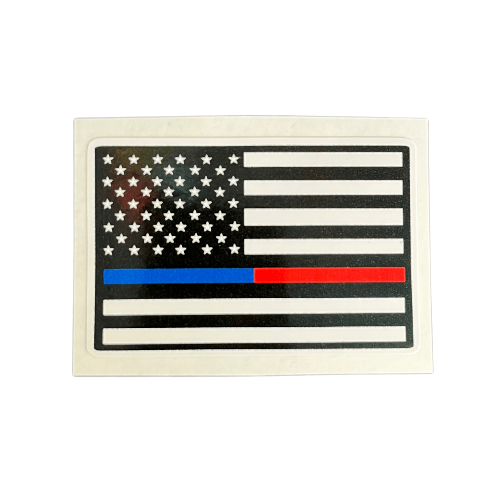 Thin Red/Blue Line sticker featuring bold colors and American design, applied on a car window showcasing allegiance to law enforcement.