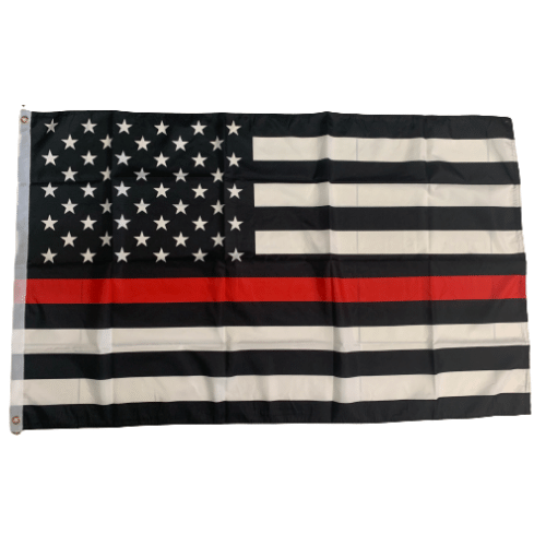 Thin Red Line 3x5 Flag crafted from nylon, featuring a bold red line on black, displayed outdoors on a flagpole.