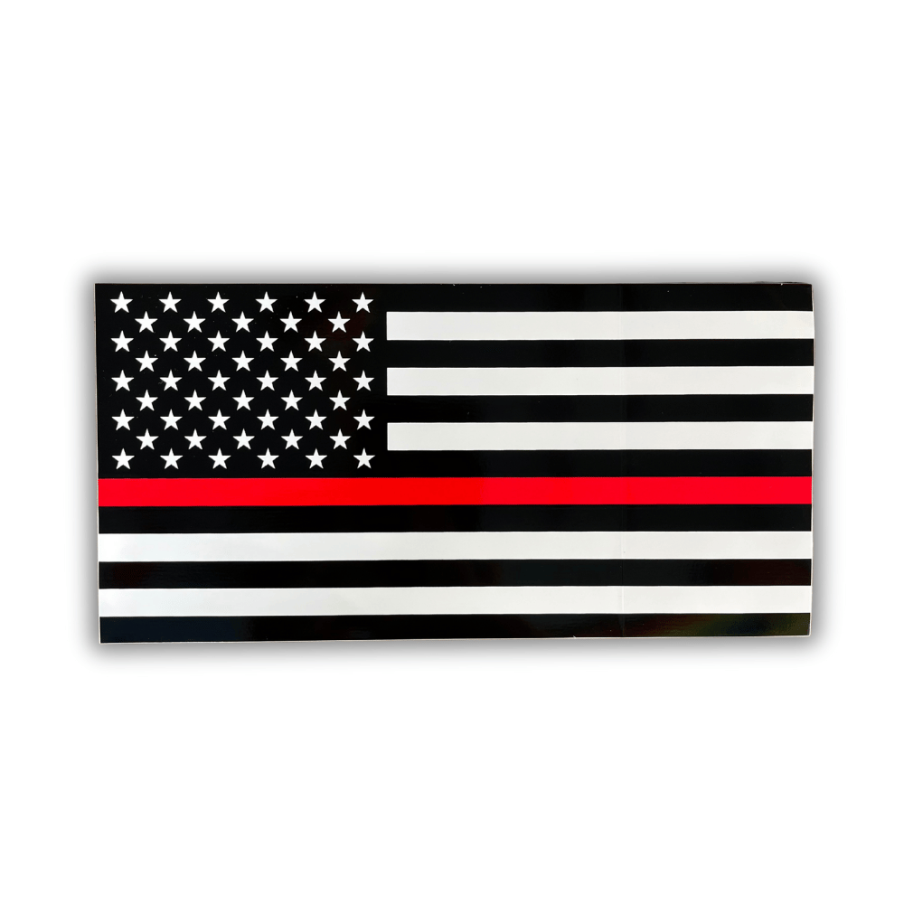 Thin Red Line bumper sticker measuring 7.5 x 4 inches displayed on a vehicle bumper, showcasing strong support for firefighters.