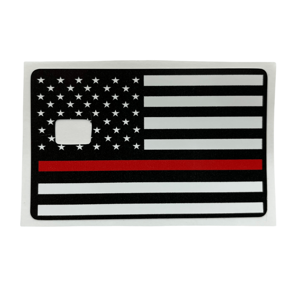 Thin Red Line Flag credit card cover featuring a black and white American flag with a red stripe, designed to fit standard credit cards.