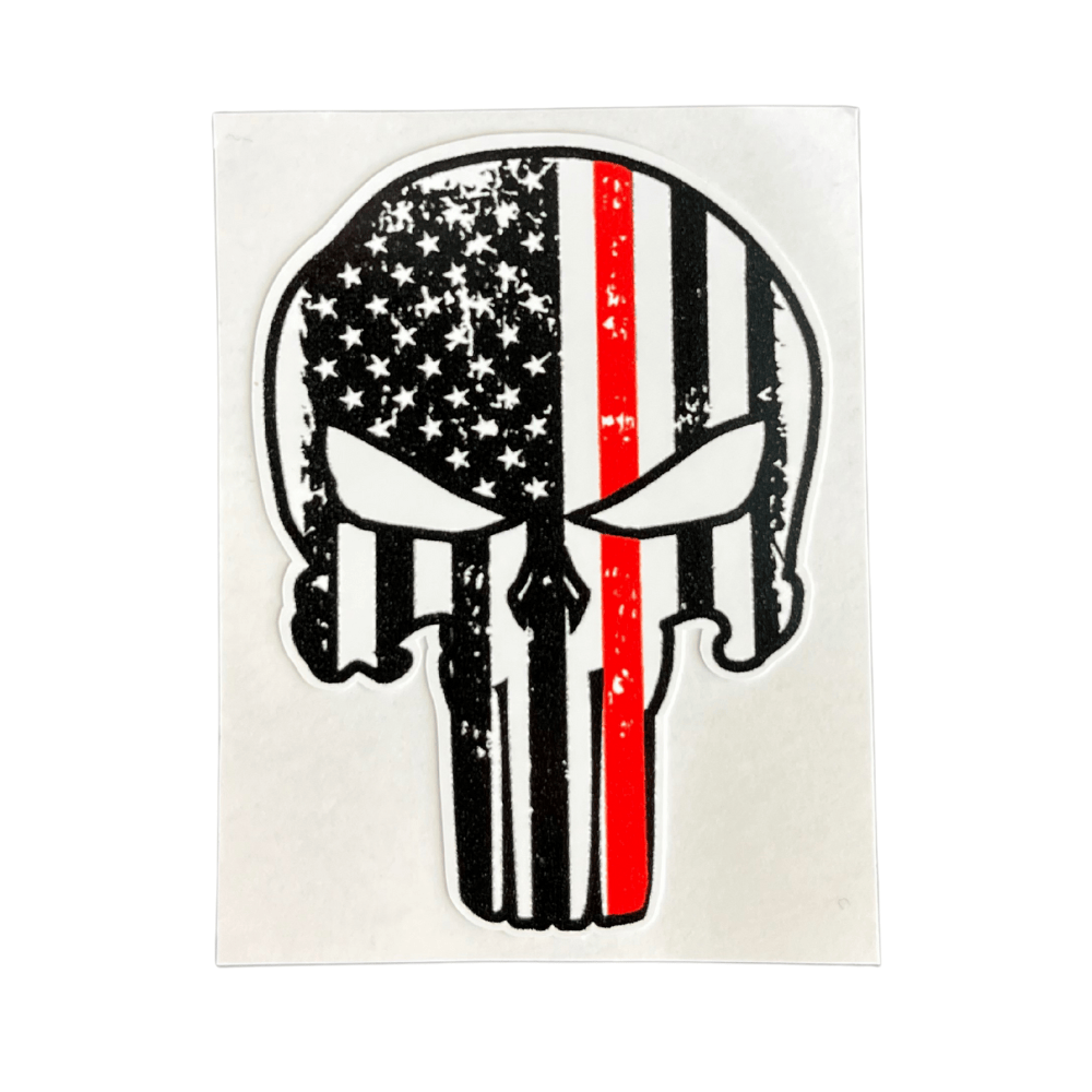 Thin Red Line Punisher Sticker featuring bold graphics on a smooth surface, highlighting patriotism and support for law enforcement.