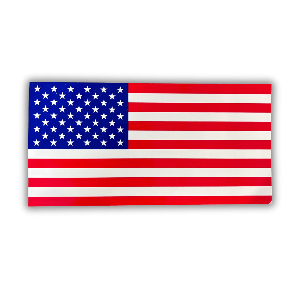Traditional USA Flag Bumper Sticker featuring bold stars and stripes design, displayed on a car bumper to showcase American pride.
