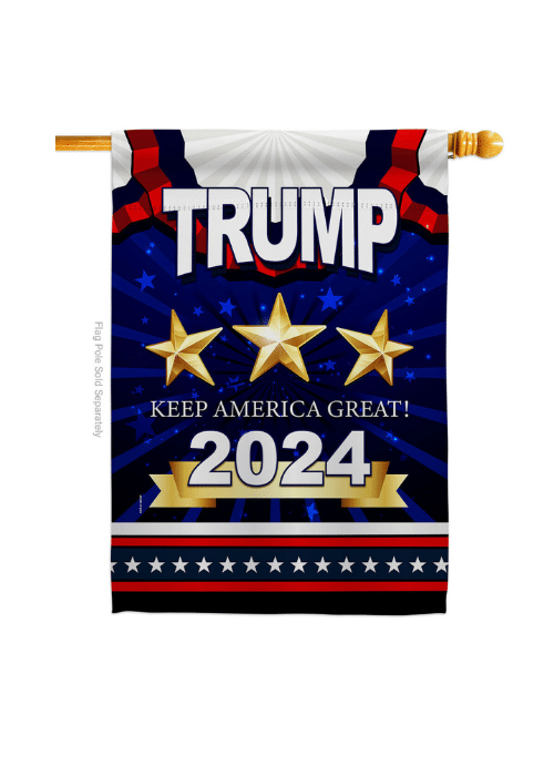 Triple Star Trump 2024 House Flag displayed outdoors, featuring 'Keep America Great' slogan and patriotic star designs on both sides.
