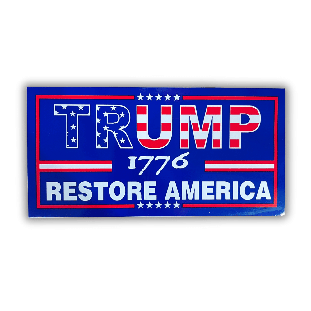 Trump 1776 Restore America bumper sticker featuring bold patriotic design, affixed to the rear bumper of a car against a vibrant background.