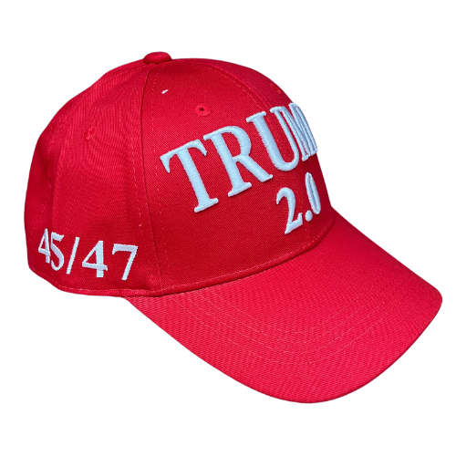 The Trump 2.0 Red Hat featuring bold white embroidery and American flag detail, worn in an outdoor setting to showcase patriotism.