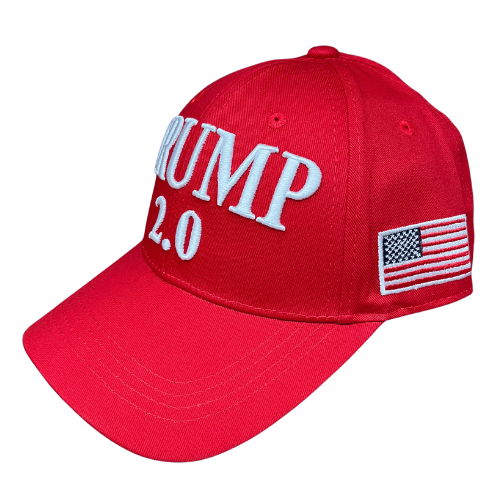 The Trump 2.0 Red Hat featuring bold white embroidery and American flag detail, worn in an outdoor setting to showcase patriotism.