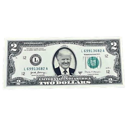 Trump 2 Dollar Bill Real Fake Money featuring a high-quality sticker of Donald Trump's face on an authentic two-dollar bill.