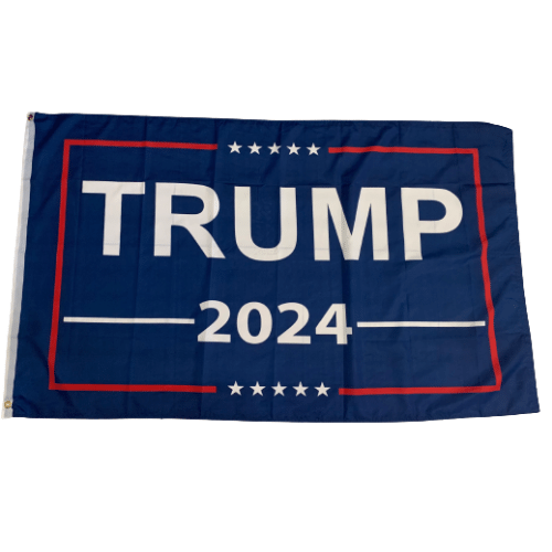 Trump 2024 3x5 Flag featuring white text on a blue background, displayed prominently on a flagpole.