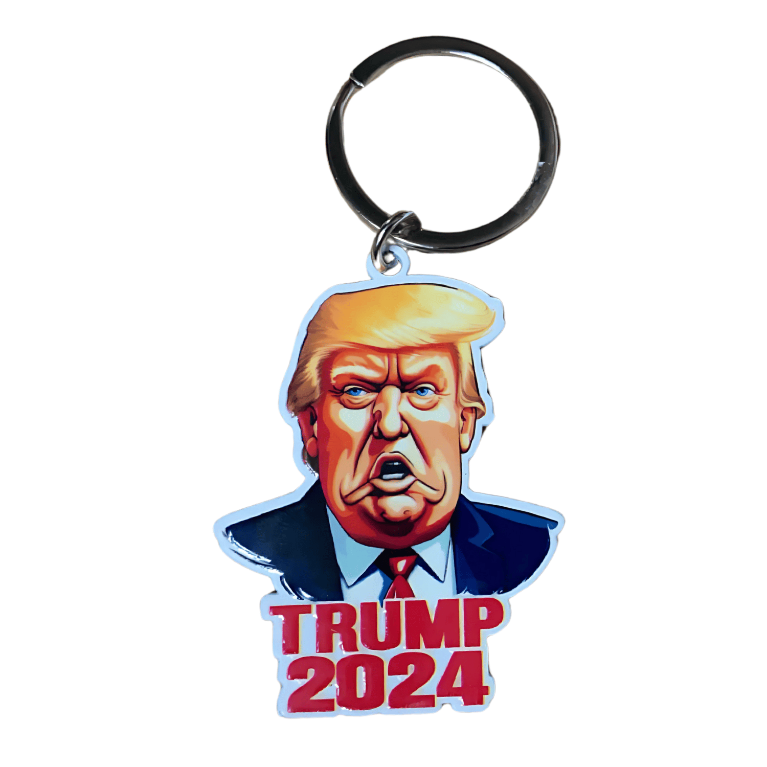 Trump 2024 Angry Face Keychain featuring Donald Trump's animated face and "Trump 2024" text, ideal for collectors and daily use in a fun, functional design.
