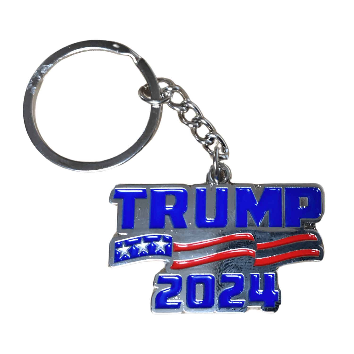 Trump 2024 Banner Cutout Keychain featuring bold design with vibrant colors and American flag accents, great for daily use and show your support.