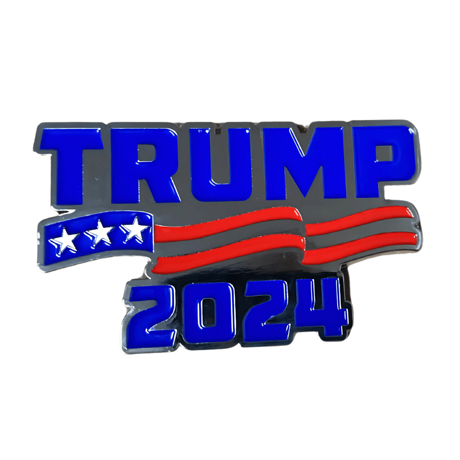 Trump 2024 Banner Cutout Magnet featuring bold blue text and a waving American flag design on a refrigerator.