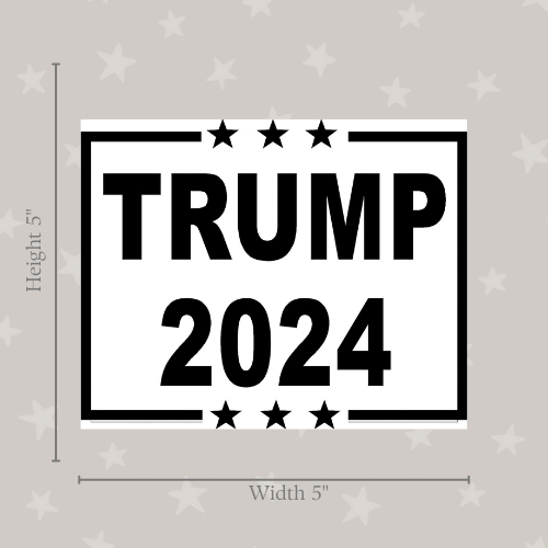 Trump 2024 Black & White Medium Sticker displayed on a laptop, showcasing a bold political statement in weather-resistant vinyl.