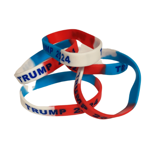 Trump 2024 Bracelet RWB Gradient featuring a vibrant red, white, and blue design displayed on a wrist against a neutral background.