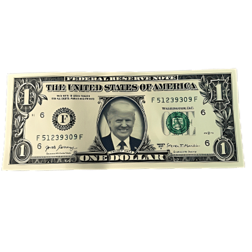 Trump 2024 Fake Dollar showcases the former President's likeness in a vibrant, collectible banknote replica displayed in an elegant setting.