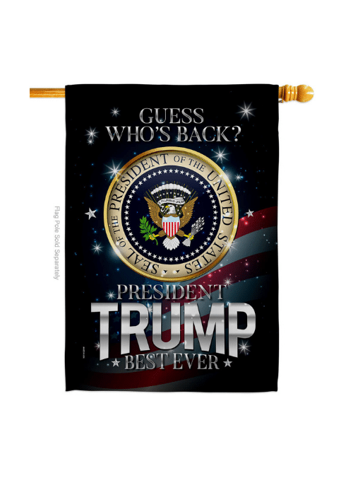 Guess Who's Back? Trump 2024 house flag displayed outdoors, showcasing vibrant colors and bold graphics on a sunny day, ideal for patriotic supporters.