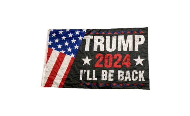 Trump 2024 I'll Be Back 3x5 Flag featuring bold white lettering on a black background with an American flag motif, displayed outdoors.