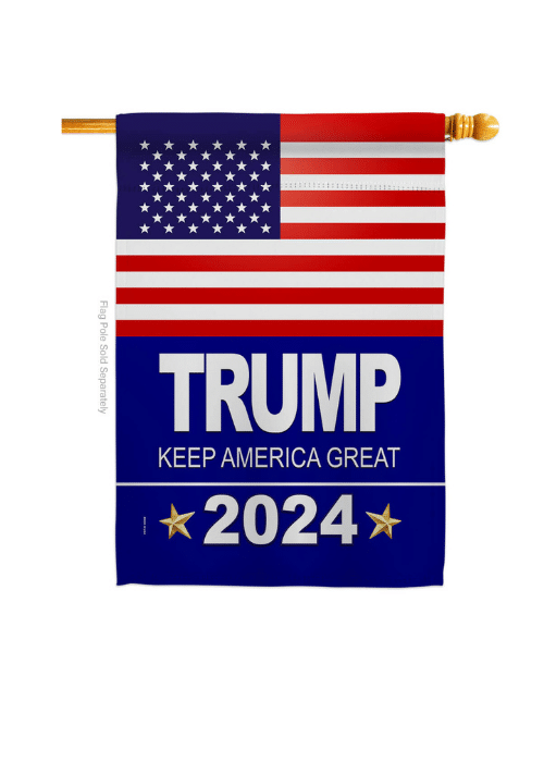 Trump 2024 Keep America Great banner flag displayed on a porch, double-sided design with vibrant colors and bold lettering visible.