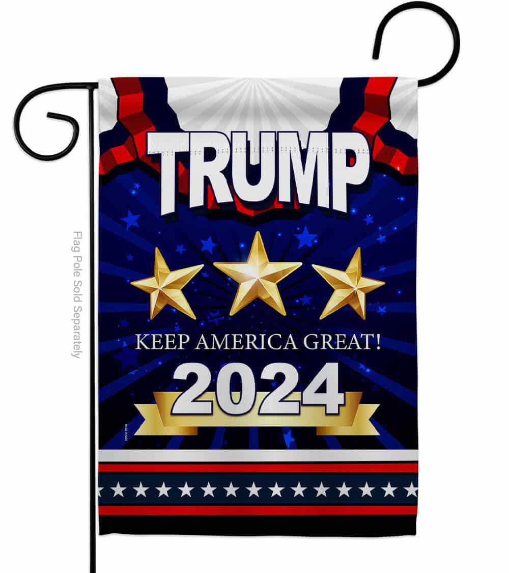 Trump 2024 3 Stars Keep America Great garden flag displayed outdoors, featuring bold graphics on a double-sided design for vibrant visibility.