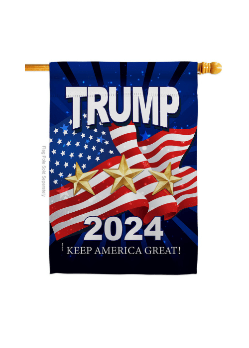 Trump 2024 Keep America Great House Flag displayed in a front yard, featuring a bold double-sided design on all-weather resistant fabric.