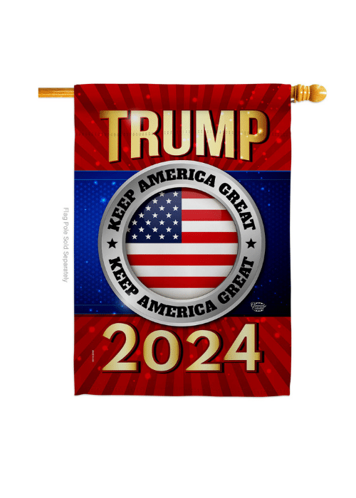 Trump 2024 Keep America Great house flag, double-sided, displayed outdoors on a flagpole with vibrant graphics in a clear sky.