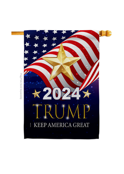Trump 2024 Keep America Great double-sided house flag displayed outdoors, showcasing bold colors and design on a flagpole.