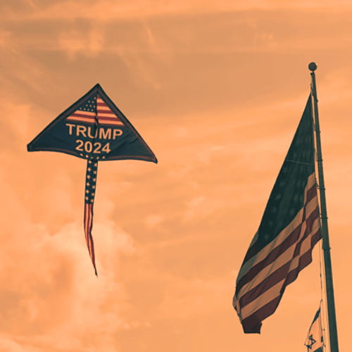 Trump 2024 Kite displaying patriotic colors, measuring 32x55 inches with a long tail flying high against a bright blue sky.
