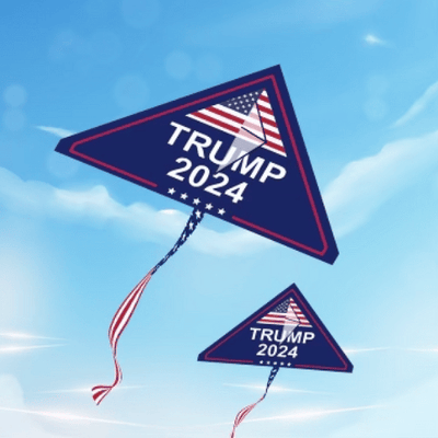 Trump 2024 Kite displaying patriotic colors, measuring 32x55 inches with a long tail flying high against a bright blue sky.