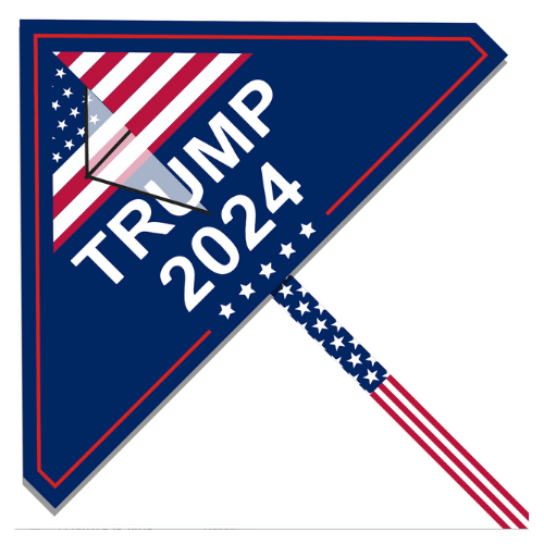 Trump 2024 Kite displaying patriotic colors, measuring 32x55 inches with a long tail flying high against a bright blue sky.