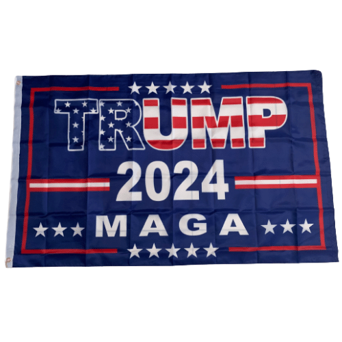 Trump 2024 MAGA 3x5 Flag with bold 'TRUMP' letters on a blue background, displayed outdoors on a flagpole.