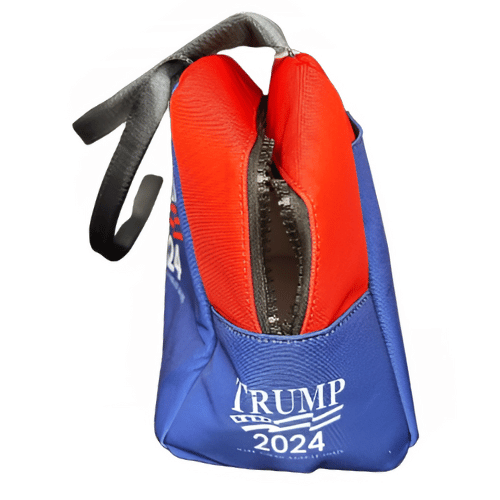 Trump 2024 Make America Great Again Lunch Bag in red and blue, featuring the slogan, displayed against a white background with side pocket.