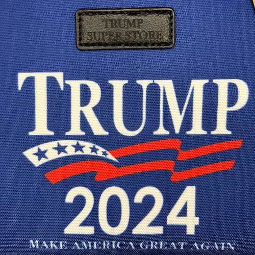 Trump 2024 Make America Great Again Lunch Bag in red and blue, featuring the slogan, displayed against a white background with side pocket.