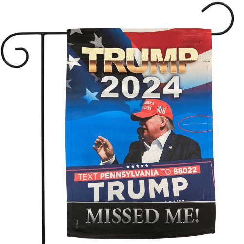 Trump 2024 Missed Me Garden Flag featuring Donald Trump at his podium, designed for outdoor display with vibrant colors and striking detail.