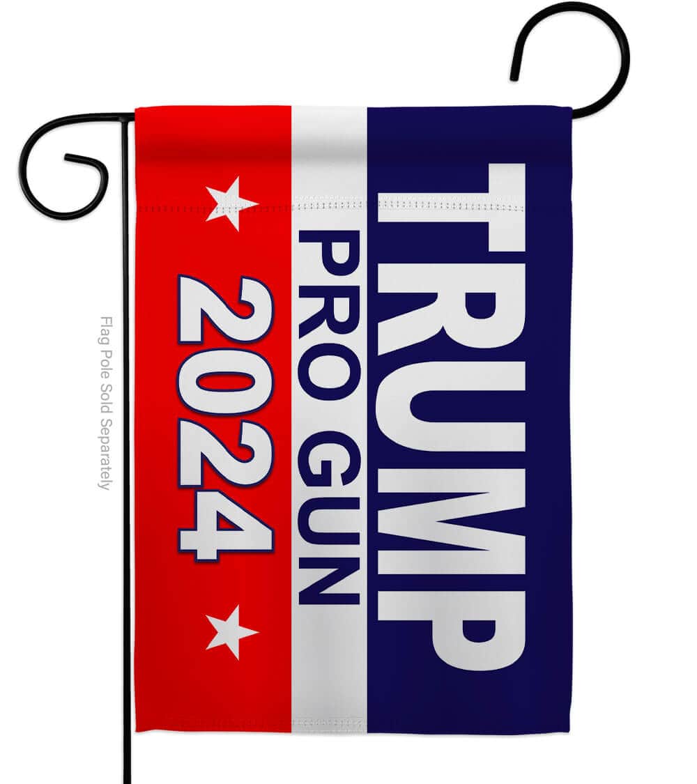 Trump 2024 Pro Gun double-sided garden flag with vibrant imagery, displayed outdoors to showcase Second Amendment support.