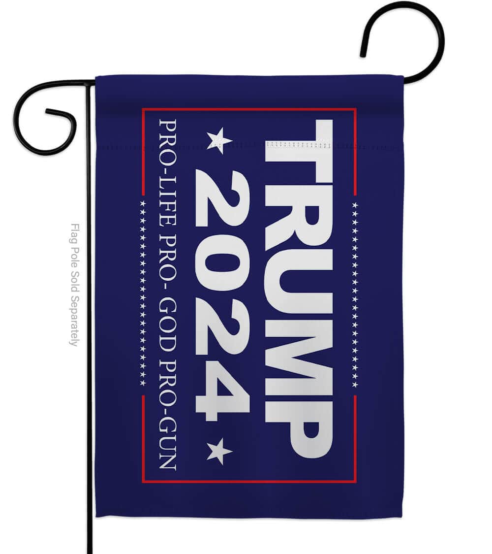 Trump 2024 Pro Life Pro Gun double-sided garden flag displayed outdoors, showcasing a vibrant design reflective of American values.