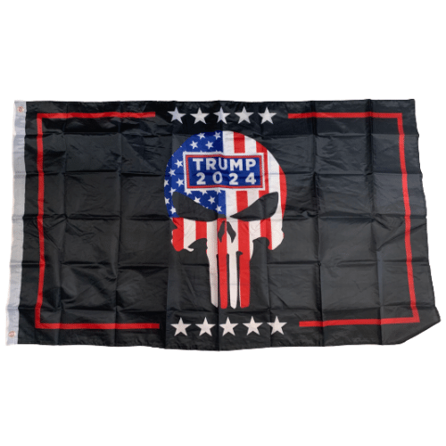 Trump 2024 Punisher flag featuring a bold skull design, displayed outdoors, showcasing the political message in vibrant colors.